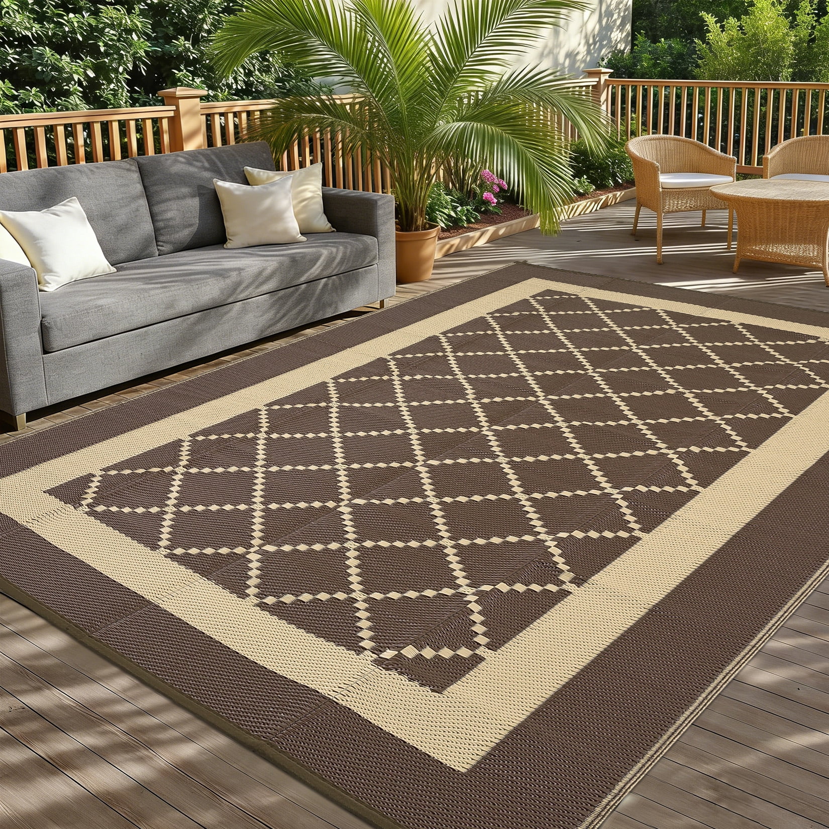 Garvee Outdoor Rug 9'x12' Waterproof Rug for Patios, Reversible Plastic Straw Rug Camping Carpet Mats for RV, Picnic, Backyard, Balcony, Porch, Beach, Brown