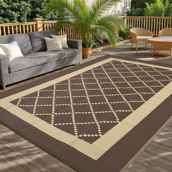 Hasoo 8' x 10' Brown Outdoor Rug for Patio Decor Waterproof Plastic Straw Modern Geometric Bordered Carpet PP Tube Woven Portable Camping Mat for Picnic Balcony