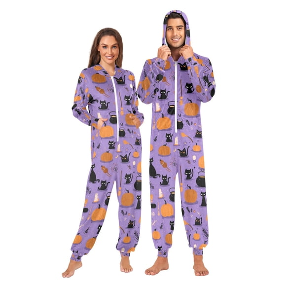 Adult Christmas Onesie Magic Pot Broom and Black Cat Adult Zipper One-Piece Pajamas Unisex Pajamas with Pockets