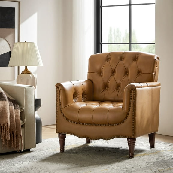 Midcentury Genuine Leather Armchair Upholstered Lounge Chair Camel