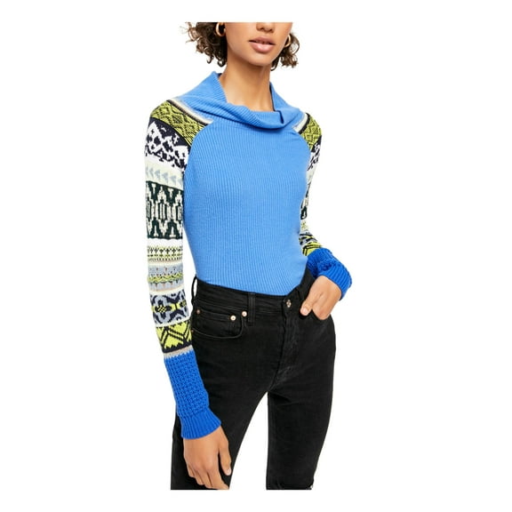 FREE PEOPLE Womens Blue Printed Long Sleeve Cowl Neck Sweater Size: S