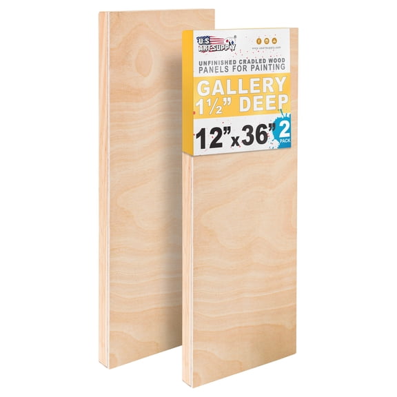 U.S. Art Supply Unfinished Cradled Wood Panels for Painting, 2 Pack of 12x36 inch - Gallery Birch Wooden Canvas Boards 1-1/2" Deep - Mixed-Media Craft, Acrylic, Oil, Encaustic, Paint Pouring