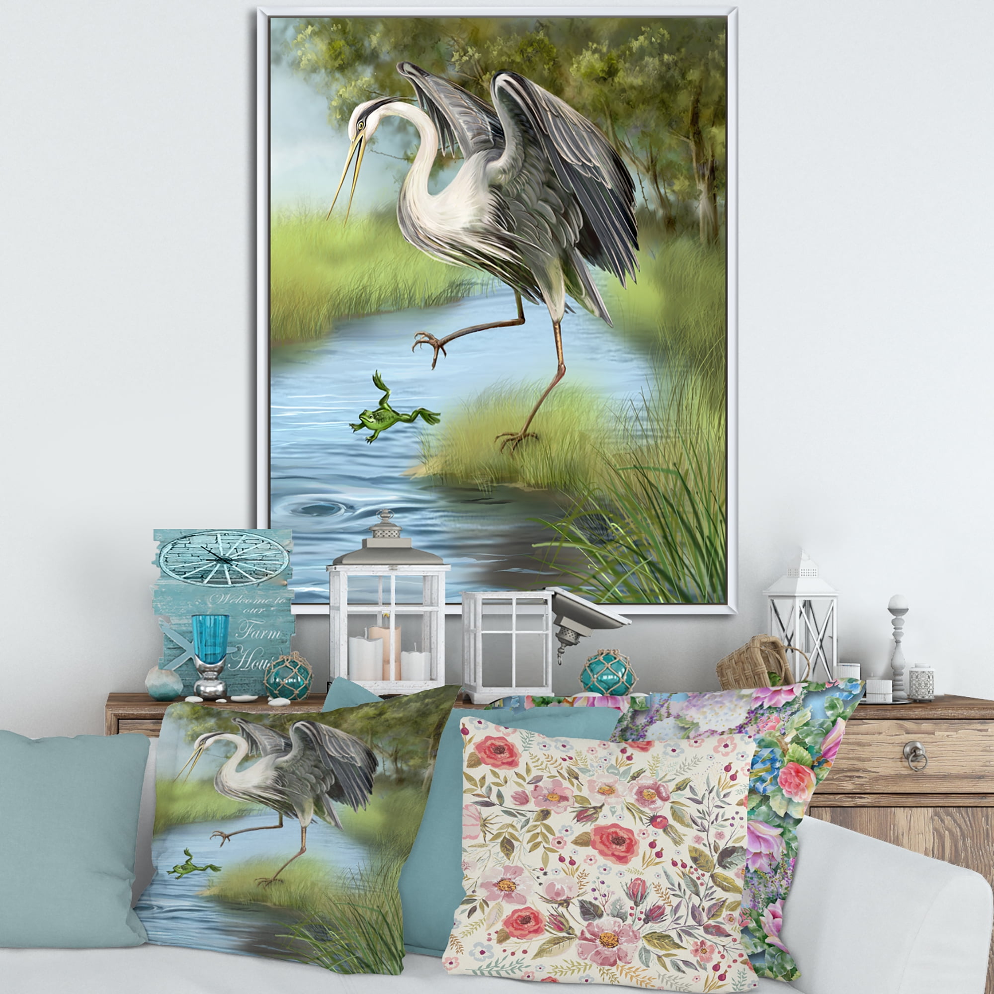 Designart 'Crane Hunting A Frog' Farmhouse Framed Canvas Wall Art Print