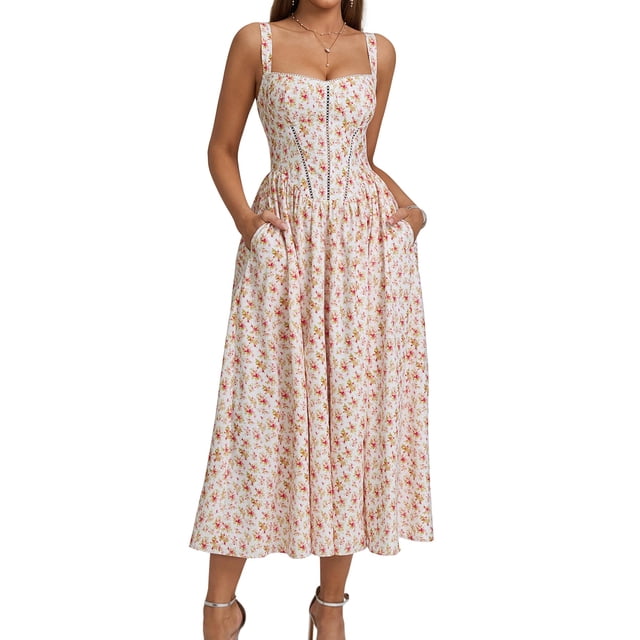 Vestido KUTUMAI tipo corsé floral a media pierna con abertura y bolsillos para mujer