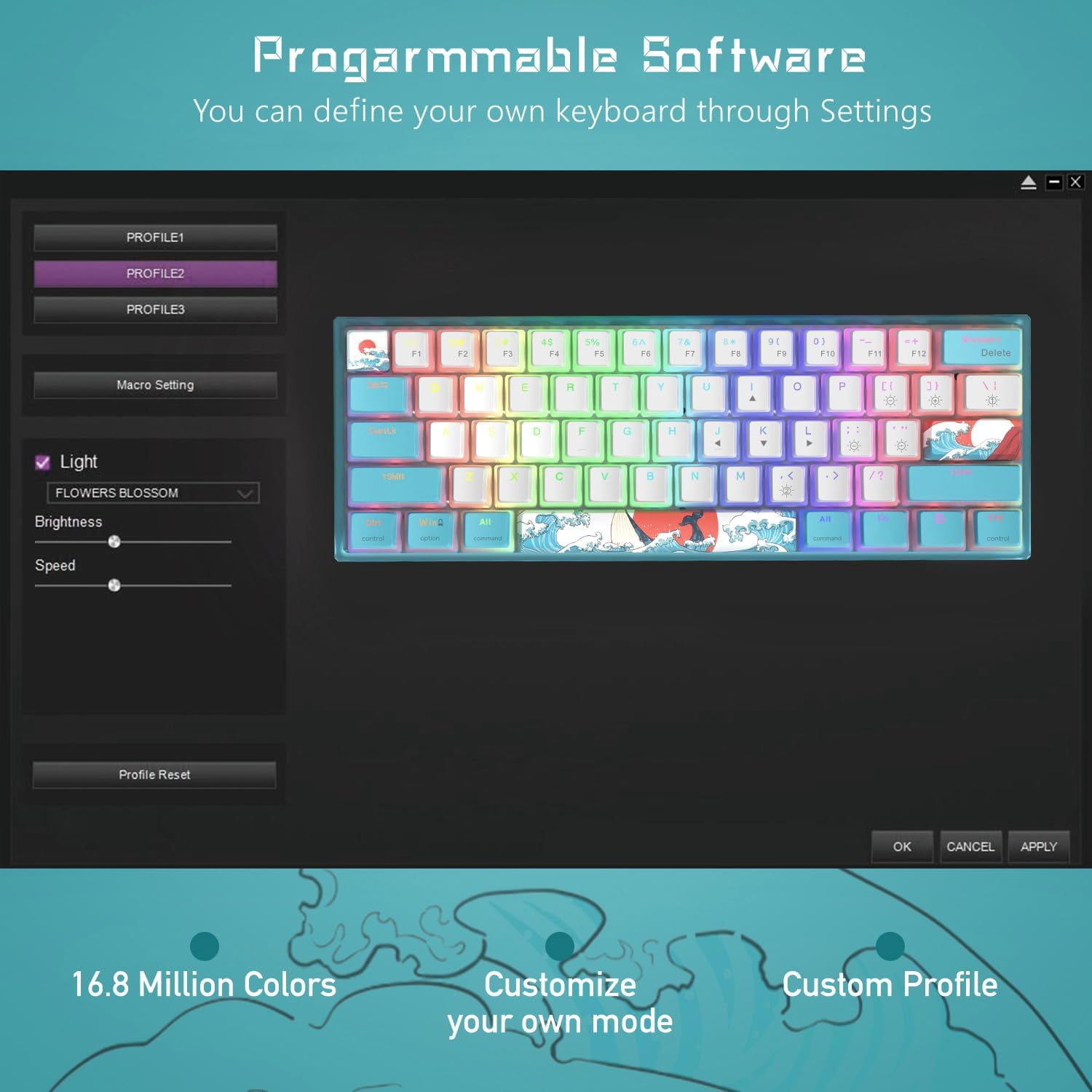 WK61 Wired Gaming Keyboard, 60% Percent RGB Backlit Mechanical Keyboard Gasket Mount with PBT Keycaps, Compact 61 Keys Hot Swappable Cream Switch, for Windows Laptop PC Mac, Blue