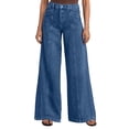 thumbnail image 2 of Beach Casual Summer Jeans for Women High Waisted Wide Leg Jeans With Solid Color Front Denim Pants Loose Pants With Fullnctiona Pockets For Daiy Wear Women's Durable Pocketed Casual Wear Denim Pants, 2 of 8
