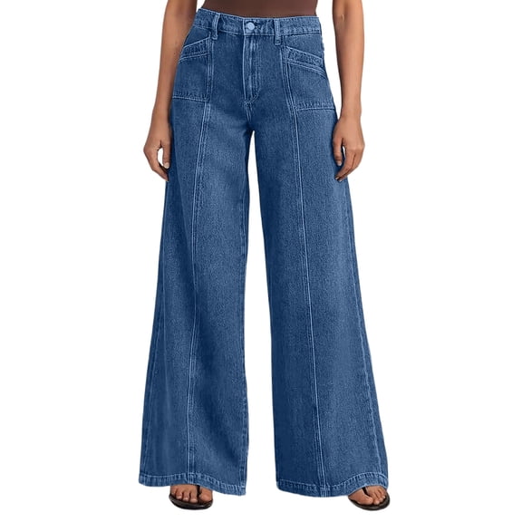 hoksml Women's High Waist Wide Leg Jeans, Solid Color Casual Loose Denim Trousers with Pockets for Daily Work Lounge
