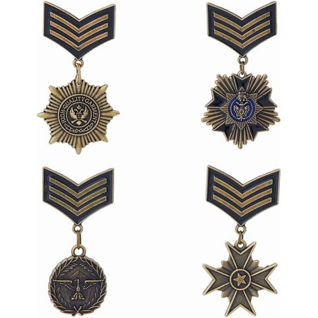 4 Styles Military Medal Brooch Pins Retro Navy Series Shield Pentagram Brooch Pins Metal Pentagram Flying Eagle Badge Pin Army Uniform Costume Ribbons Epaulets for Army Soldier DIY Antique Bronze