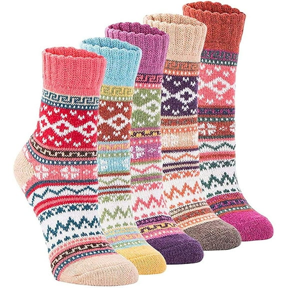 5Pack Womens Vintage Winter Warm Soft Thick Knit Cold Wool Crew Socks,Free size,Multicolor