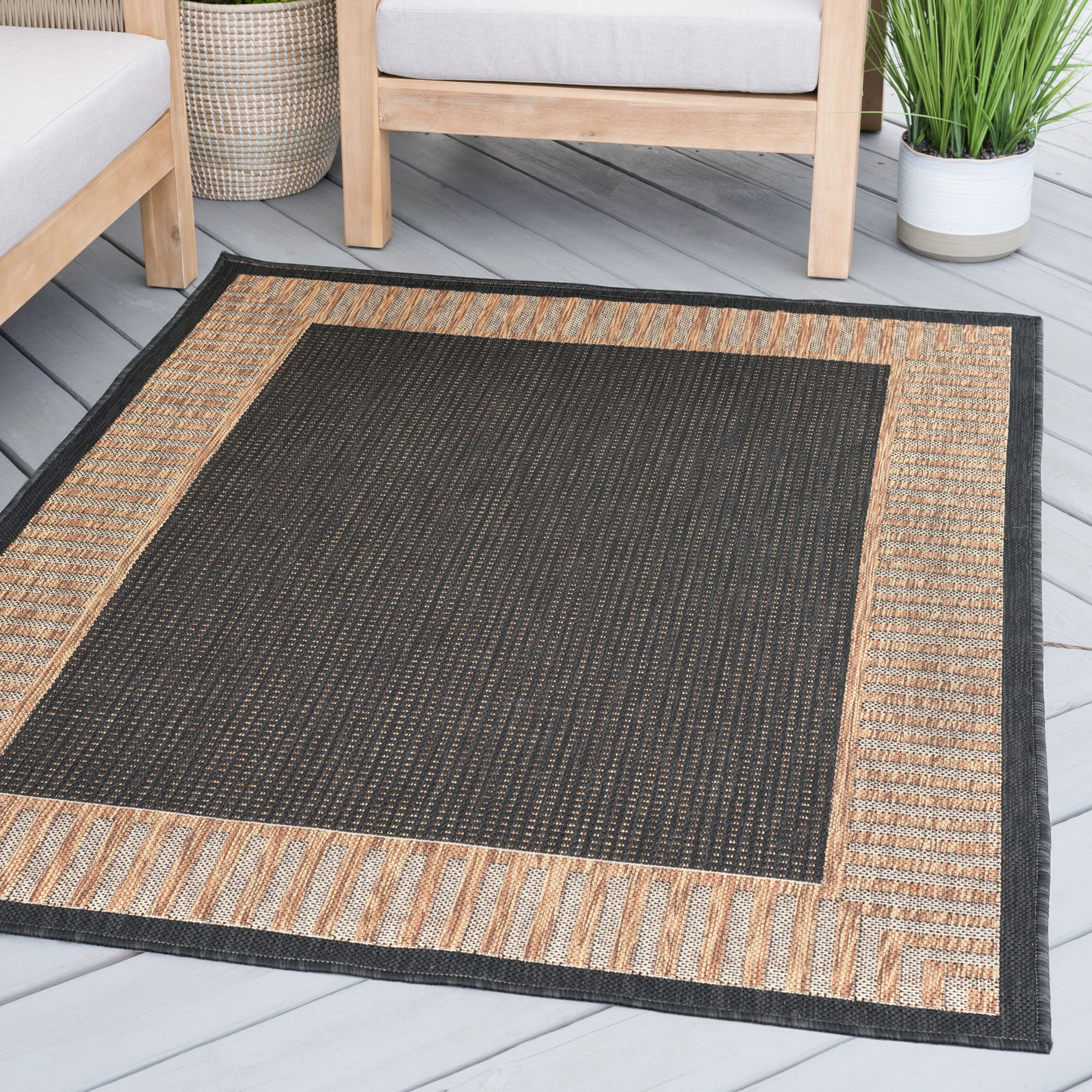 4x6 Water Resistant, Indoor Outdoor Rugs for Patios, Front Door Entry, Entryway, Deck, Porch, Balcony | Outside Area Rug for Patio | Gold, Striped Border | Size: 4' x 5'3''