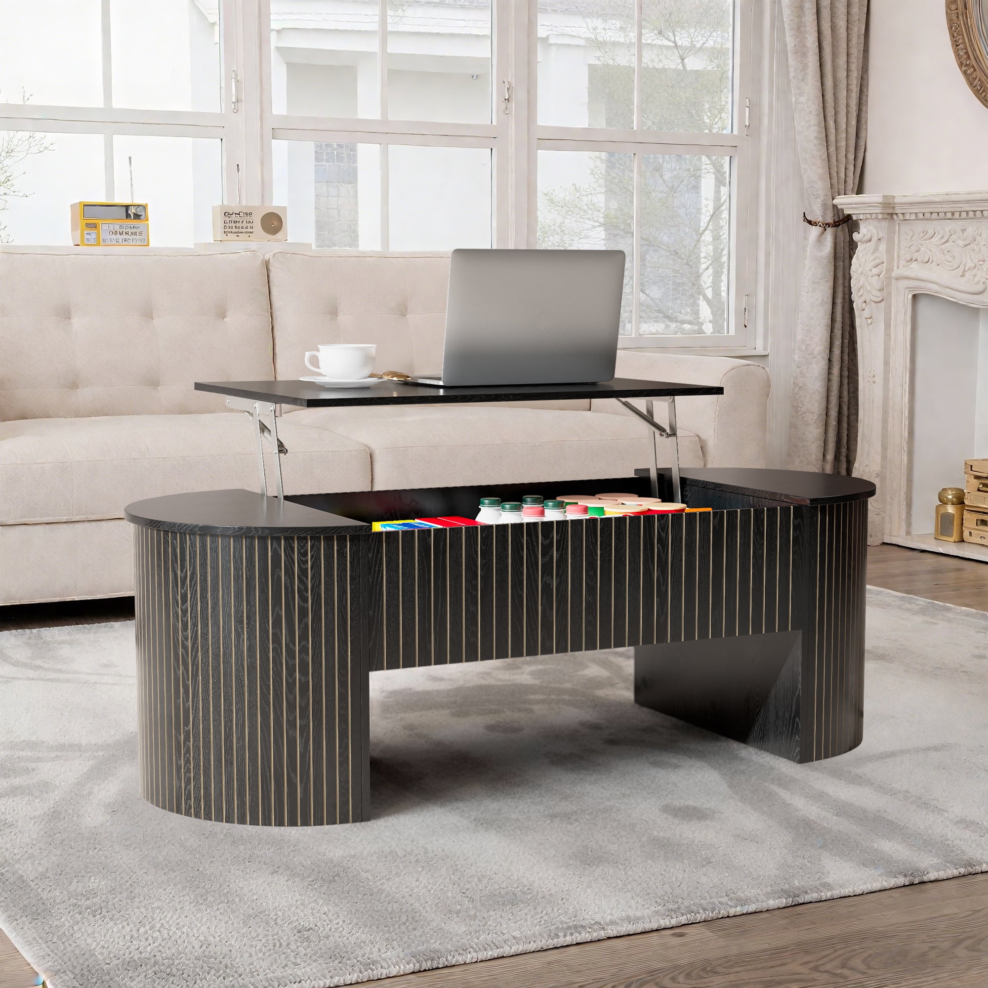 Lift Top Coffee Table with Storage, Oval Center Table with Hidden Compartment, Modern Coffee Table for Living Room, Black