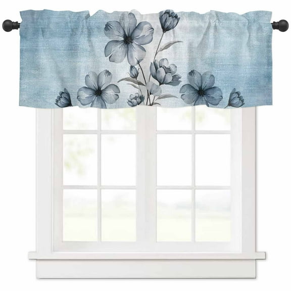 Blue Flower Curtain Valance for Windows/Kitchen/Living Room/Bedroom, Retro Gradient Texture Painting Plant Leaf Rod Pocket Window Treatment Short Drape Topper Small Tier Cafe Curtains Panel 54X18