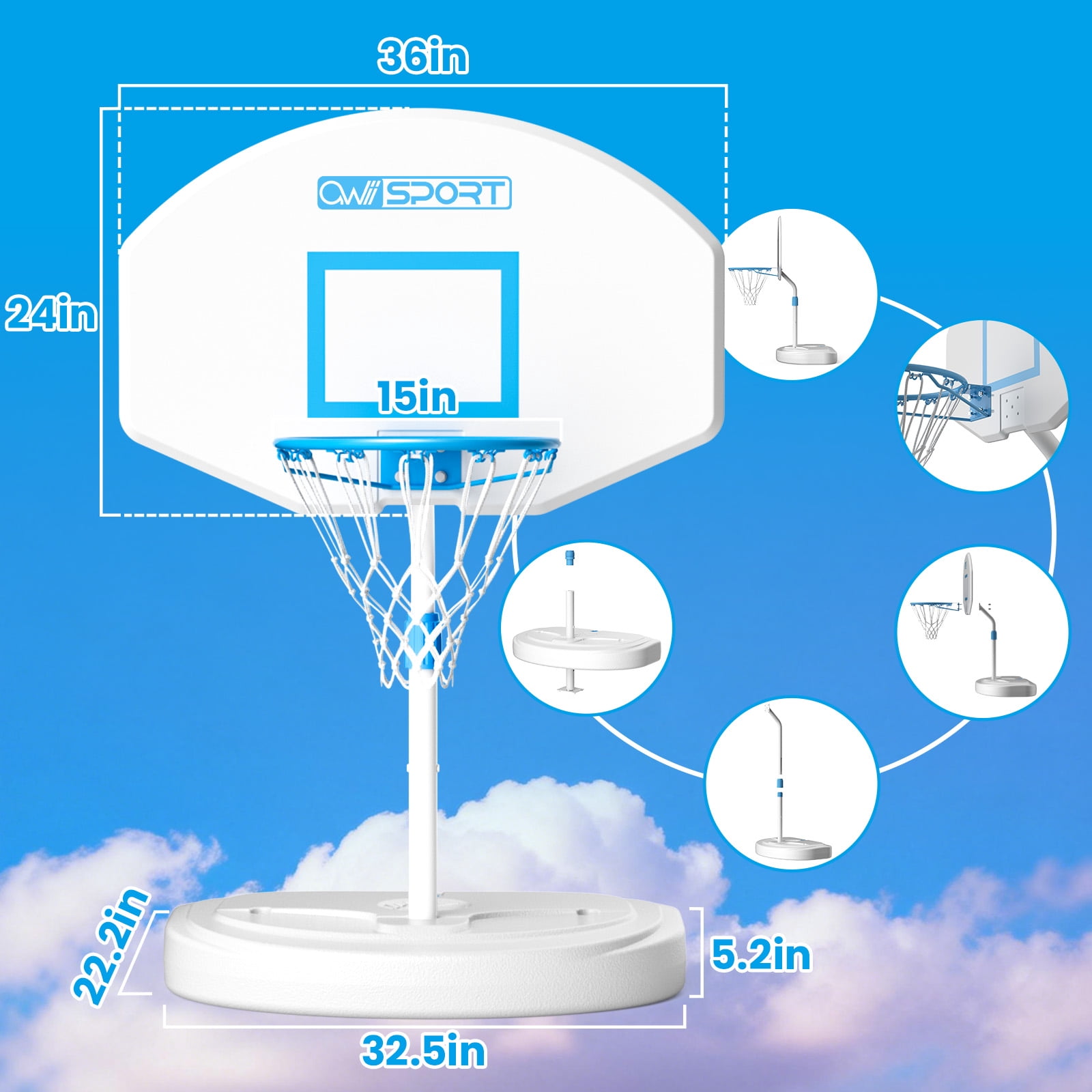 Portable Swimming Pool Basketball Hoop 36 inch, 2 Balls and Pump Included, Poolside, Durable & Sturdy, Clear Polycarbonate Backboard