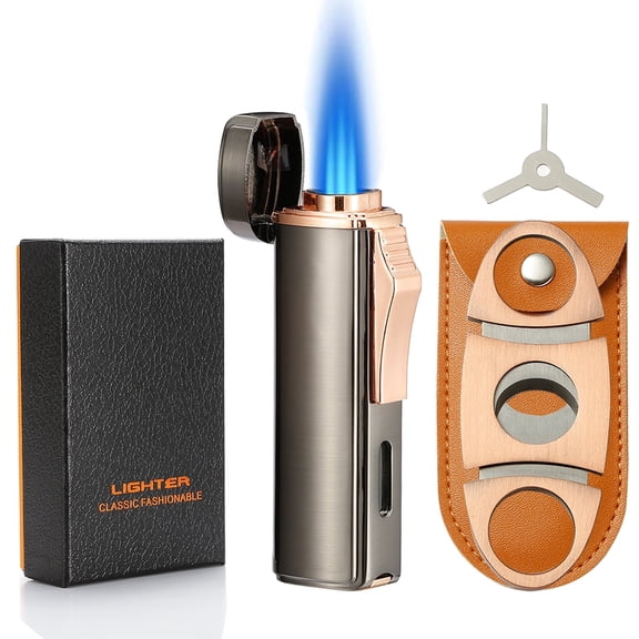 420 Carbon Steel Cutter and Lighter Set, Built-in Punch, Triple Jet Flame Butane Torch Lighter, Refillable Windproof Gas Lighter. (Sold Without Gas)