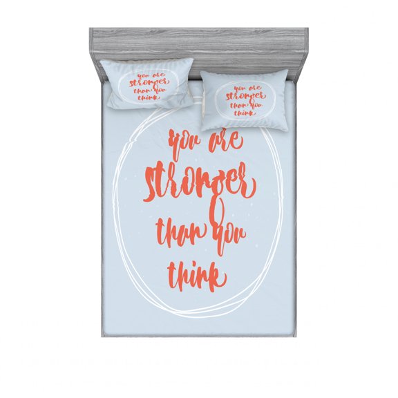 Your are Stronger than You Think Bedding Set with Sheet & Covers, Lifestyle Message in a Formless Geometric Circle, Printed Bedroom Decor 2 Shams, 4 Sizes, Dark Coral Baby Blue, by Ambesonne