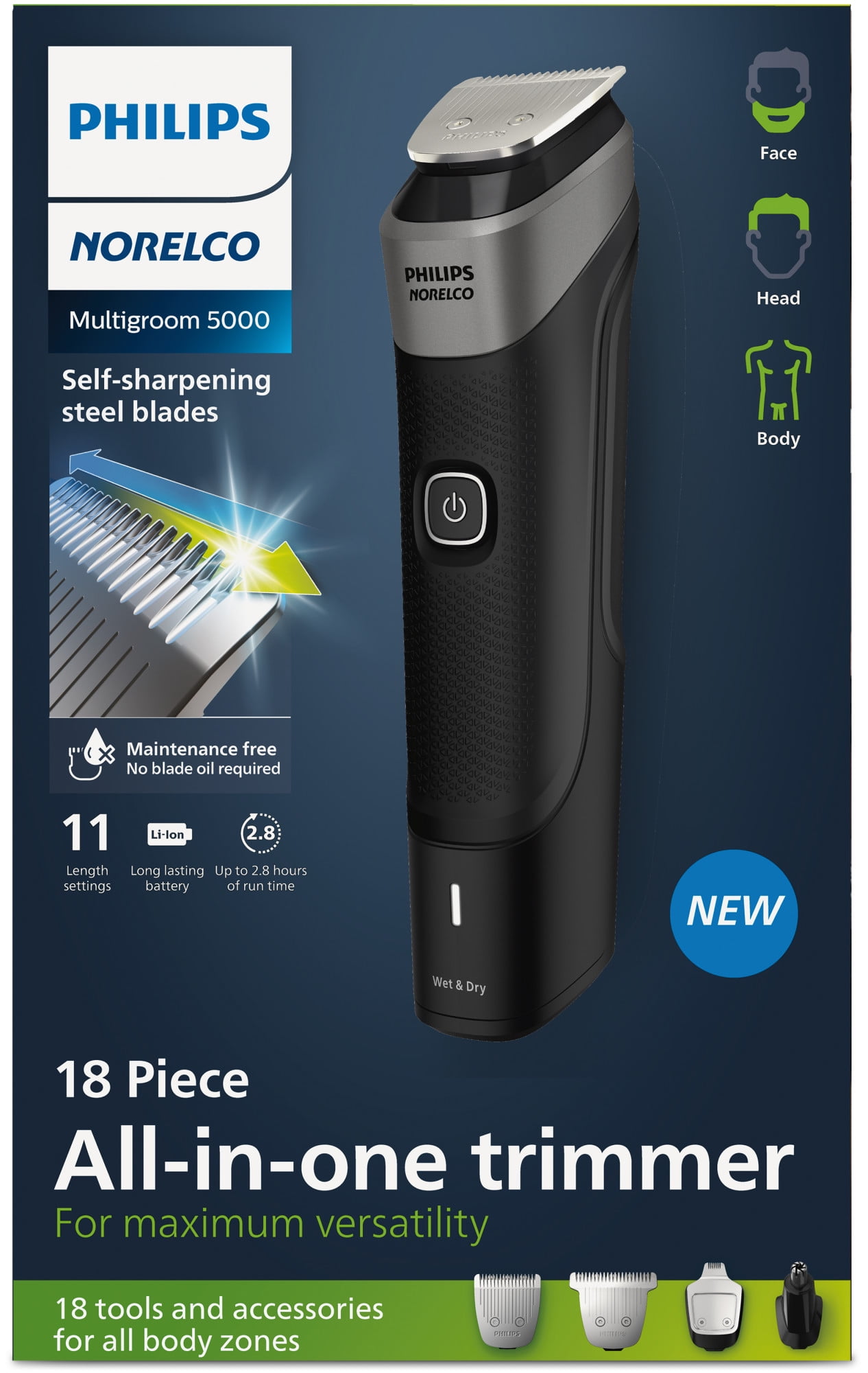 New Philips Norelco Multigroom Series 5000 18 Piece, Beard Face, Hair, Body  and Intimate Hair Trimmer For Men - No Blade Oil MG5910/49 