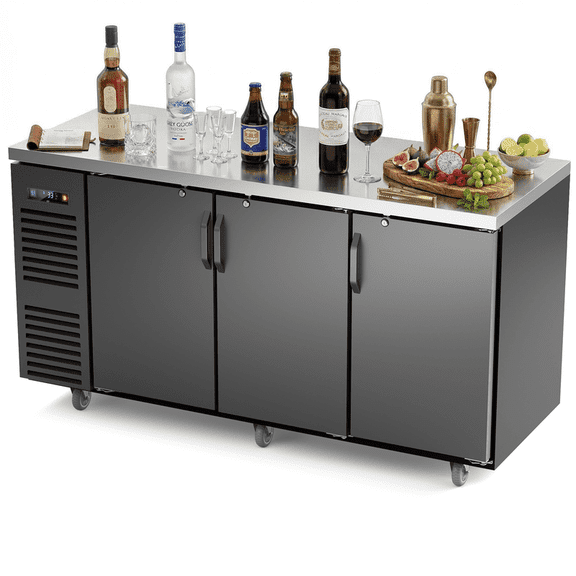 Coolski 72 in. W 25.6 cu. ft. Commercial Solid Door Under Back Bar Cooler Refrigerator in Black Stainless Steel