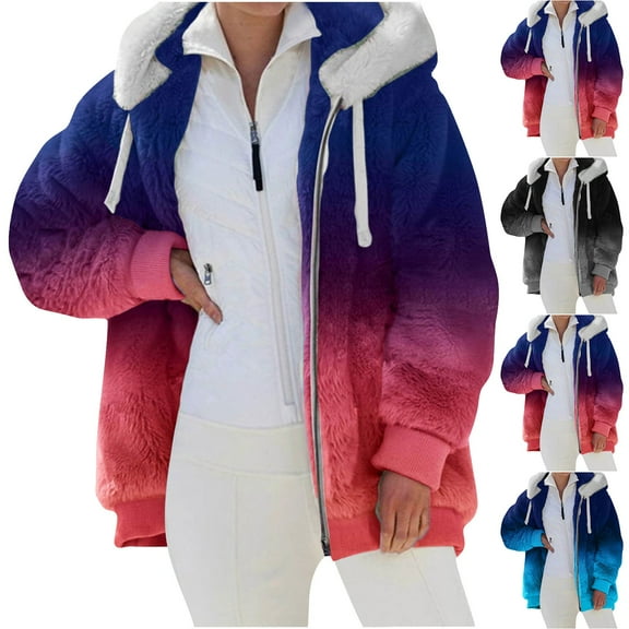 kakina CMSX Warm Fleece Jacket for Women,Winter Casual Fashion Gradient Long Sleeve Full Zip Up Hoodies Oversized Color Block Fuzzy Plush Coats