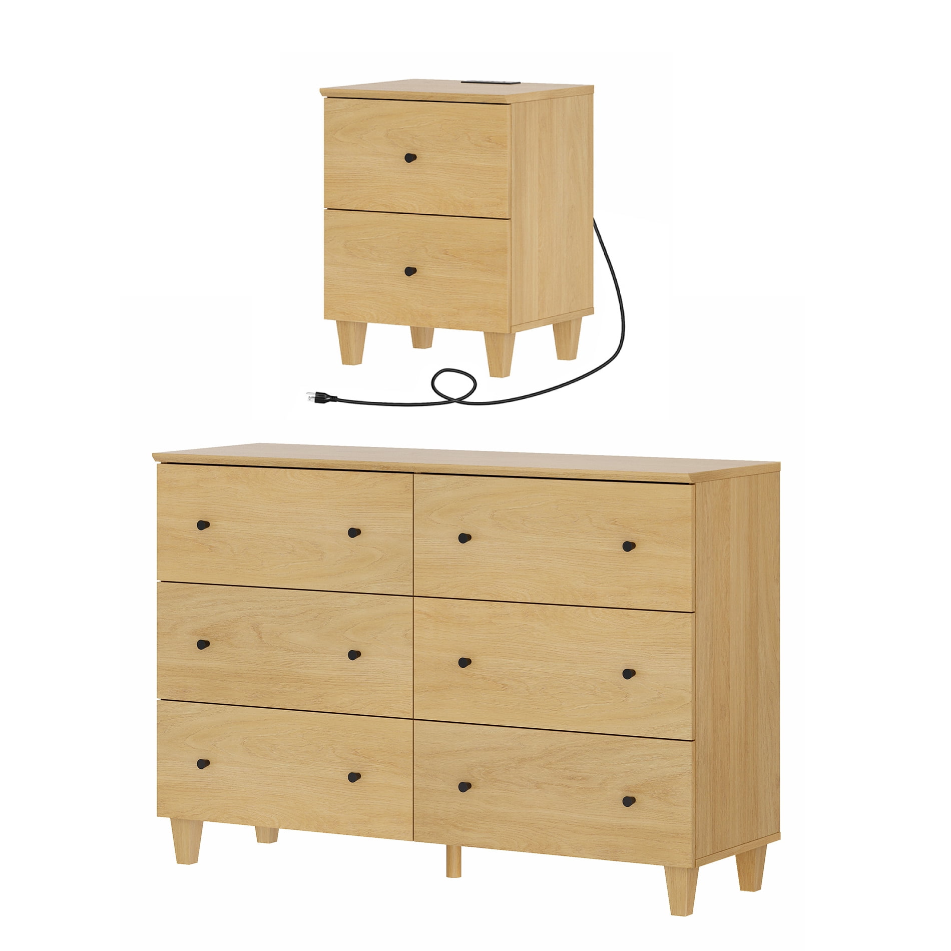 WAMPAT Dresser and Nightstand Set of 2, Wood Dresser with 6 Drawers, Nightstand with Charging Stations for Living Room, Oak Wood