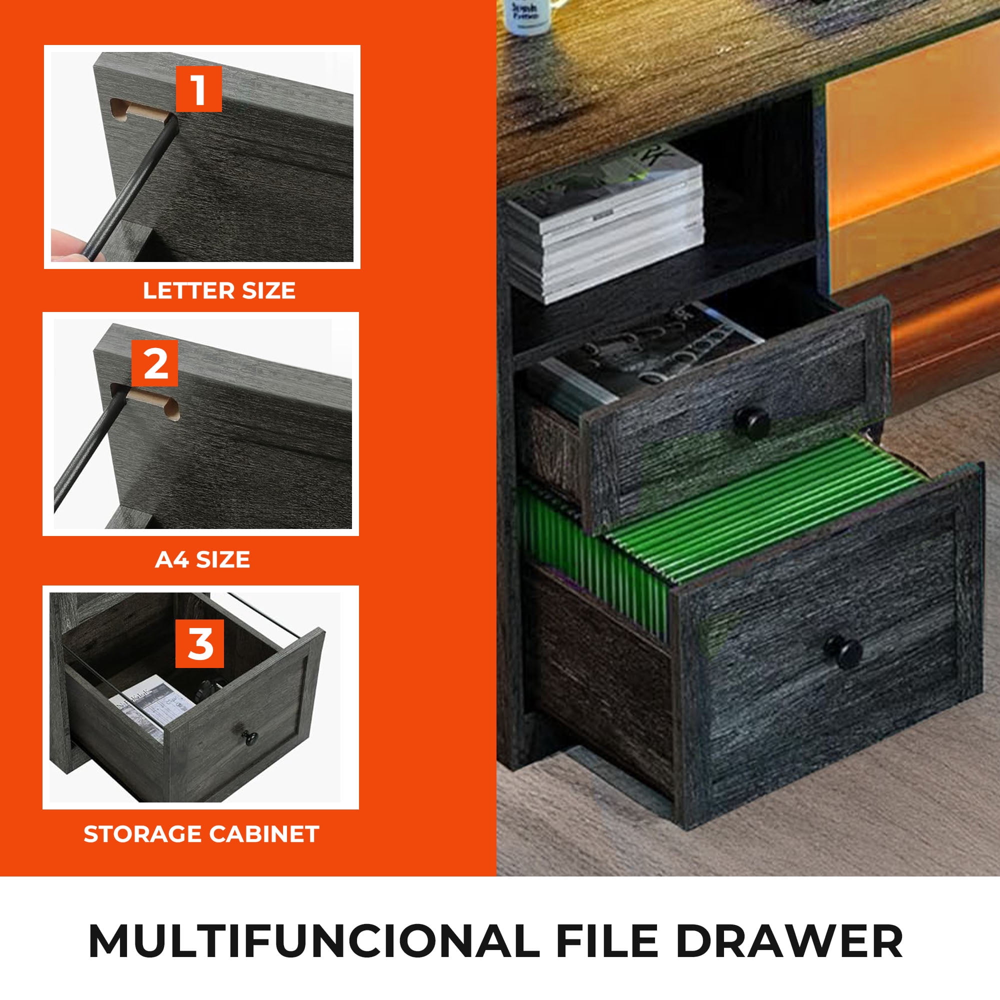 ModFusion L Shaped Desk with Charging Station, Storage Shelves, Drawers & File Cabinet, 60" Adjustable Lift Top Corner Computer Desk with Monitor Stand, Wood Gray