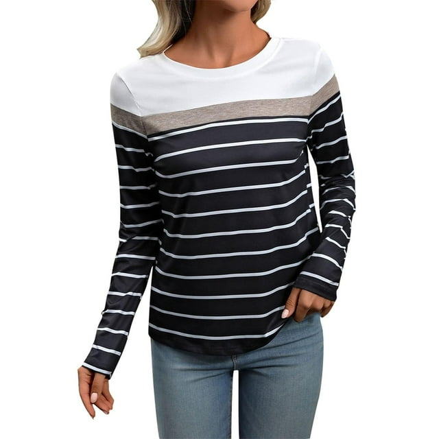 ameIAEA Chemises à Manches Longues Rayées pour Femmes Blouses à Col Rond Bloc de Couleur Pull d'Automne 2024