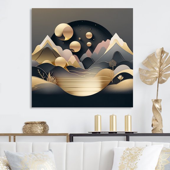 DESIGN ART Designart "Dreamy Golden Mountain Ii" Abstract Marble Canvas Prints 24 in. wide x 24 in. high