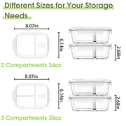 Glass Food Storage Containers with Dividers,4 Pack Meal Prep Containers with Lids, Leak-Proof Lunch Boxes with Compartments,Glass Tupperware Bento Box,Microwave, Oven, Dishwasher & Freezer Safe