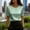 Green, variant on Womens Pearls Beaded Round Neck Puff Short Sleeve Blouse Solid Color Loose Fit Satin Slik Top Summer Clothes Green S