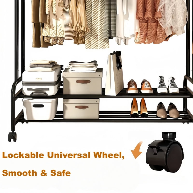 Double-Bar Metal Clothes Hanging Rack, Rolling Storage Shelf with Lockable Universal Wheel, Freestanding Garment Rack