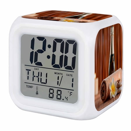 Spa White Floral Digital Alarm Clock for Bedrooms, Smart LED Alarm Clock with 7 Color Changing Night Light, Modern Candles Stones Artwork Silent Wake Up Clocks for Sleep Study Cooking 3.2x3.2