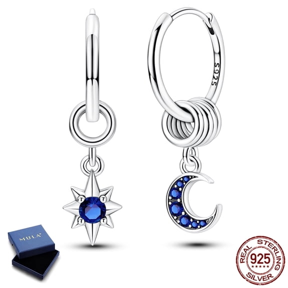 MULA 925 Sterling Silver Starry Moon Trendy Hoop Earrings, Sparkling AAA CZ Earrings Gifts for Her