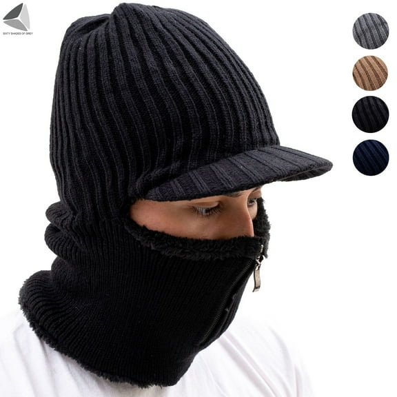 PULLIMORE Winter 2 In 1 Beanie Knitted Hats for Women Men Slouchy Fleece Lined Warm Skull Caps with Zipper Face Mask for Cycling Skiing Running (Black)
