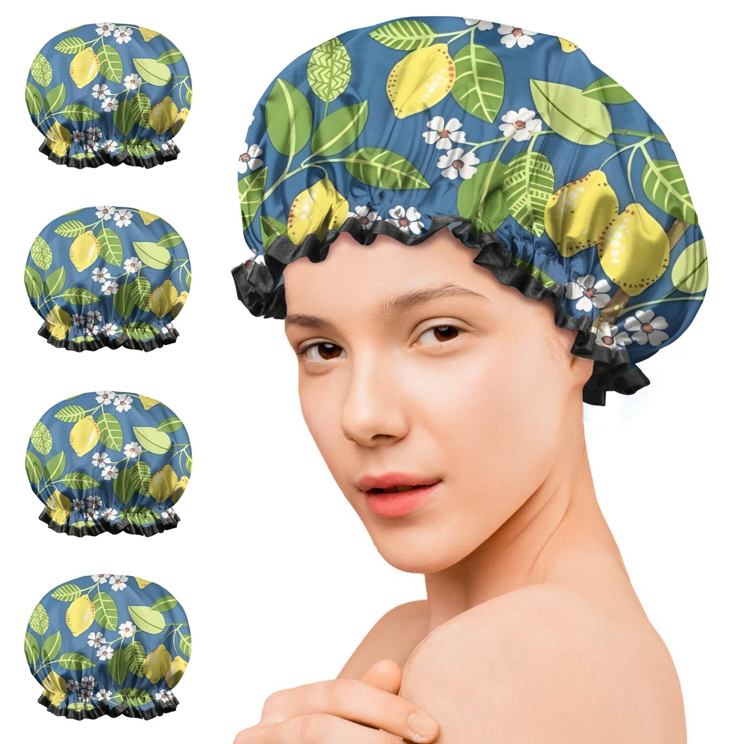 Shower Caps,Yellow Lemon Fruit Flowers Blue Pattern Waterproof Shower Cap for Women 4 Pieces,Double Reusable Hair Cover for Shower PEVA Elastic Stretch Hem