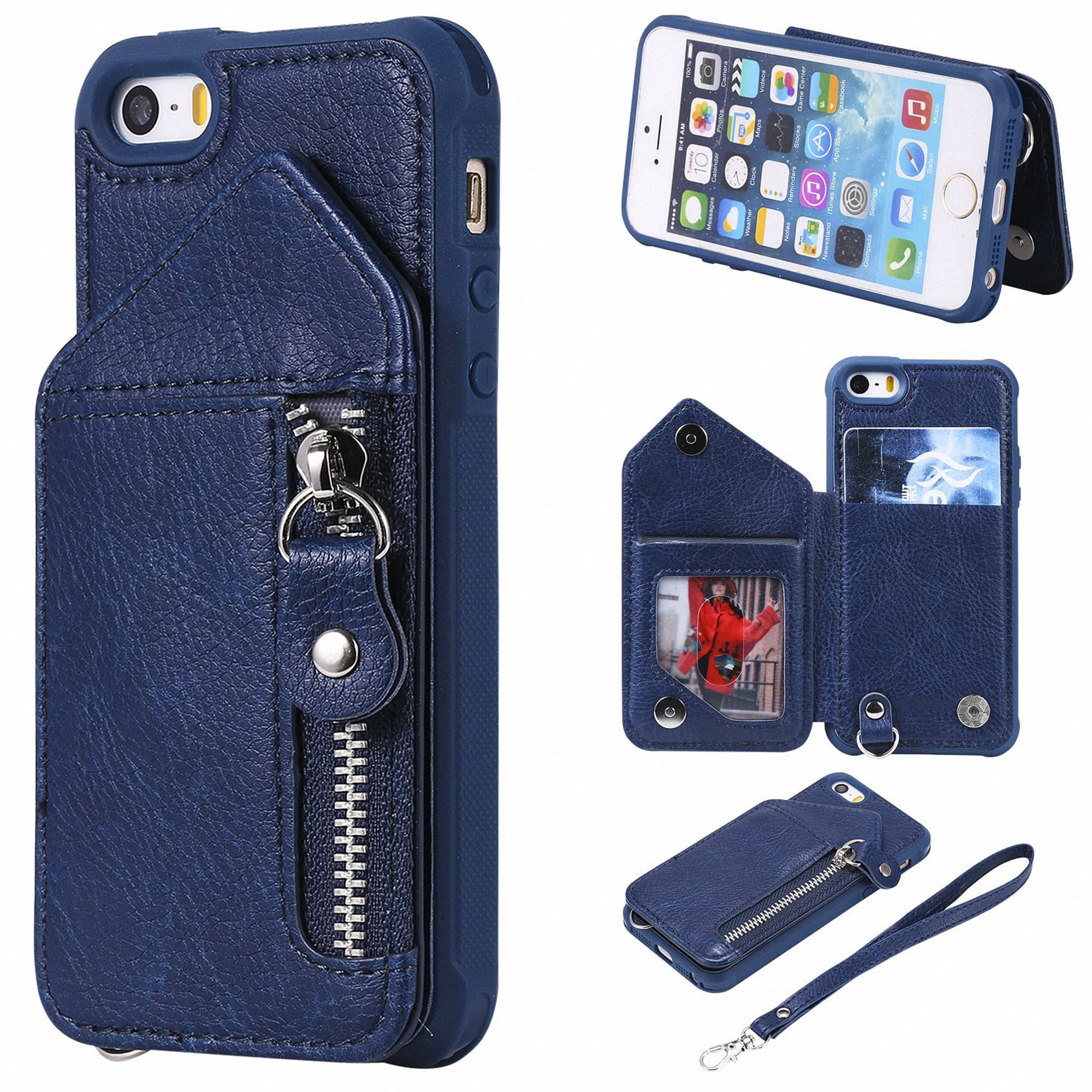 iPhone (1st Gen 2016) (not fit SE 2020), iPhone 5 5S Case, Dteck PU Leather Zipper Wallet Kickstand Case Protective Cover With Card Slots, Blue - Walmart.com