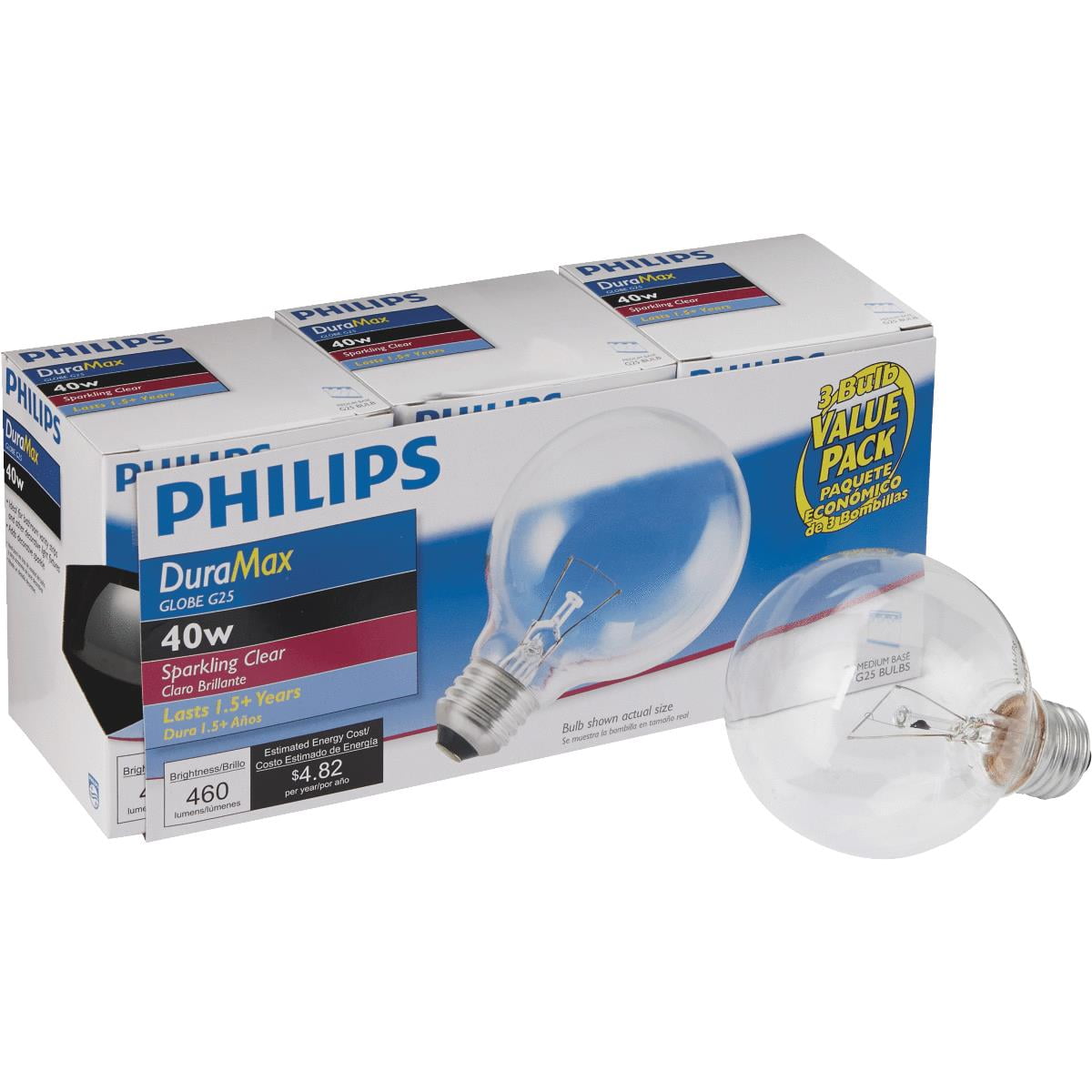 3-Pack Philips 169037 40w G25 Clear Decorative Globe Medium Base  Light Bulb