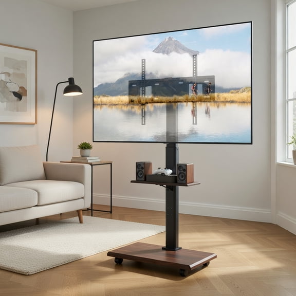 Resenkos Rolling TV Stand on Wheels Mobile TV Cart, Tiltable Portable AV Stand with Storage for 32-75 Inch TVs, Black