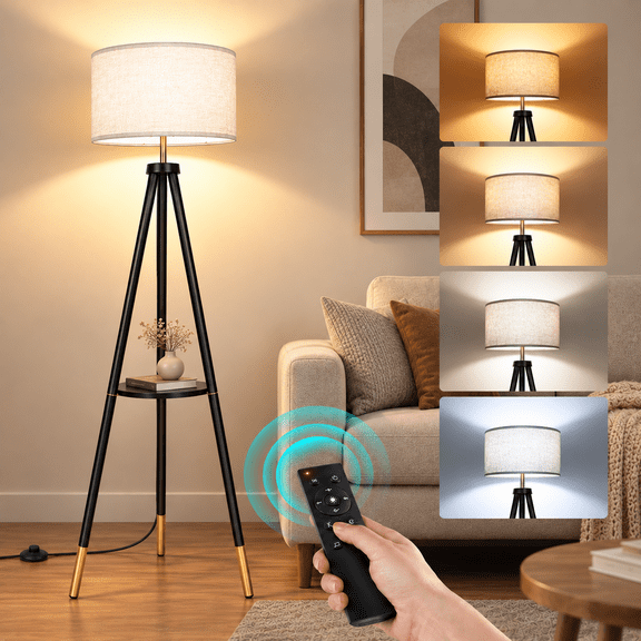 OUTON Wood Tripod Floor Lamp with Shelves, Standing Lamps with Remote Control, Shelf Floor Lamp for Living Room, Bedroom, Office, LED Bulbs Included