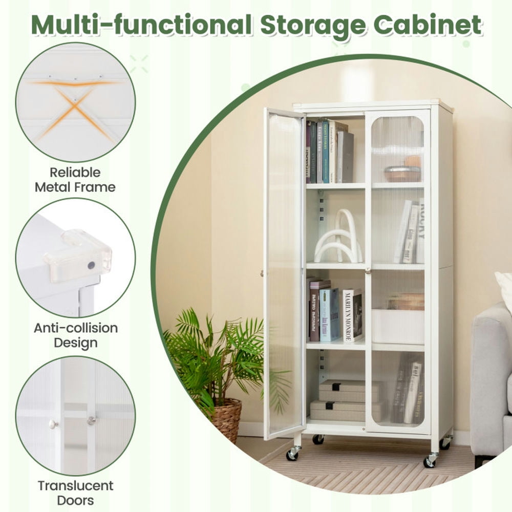 Finihen Storage Cabinet, Glass Doors Storage Cabinet with Wheels and Adjustable Shelves, for Living Room, Bedroom, Entryway, White