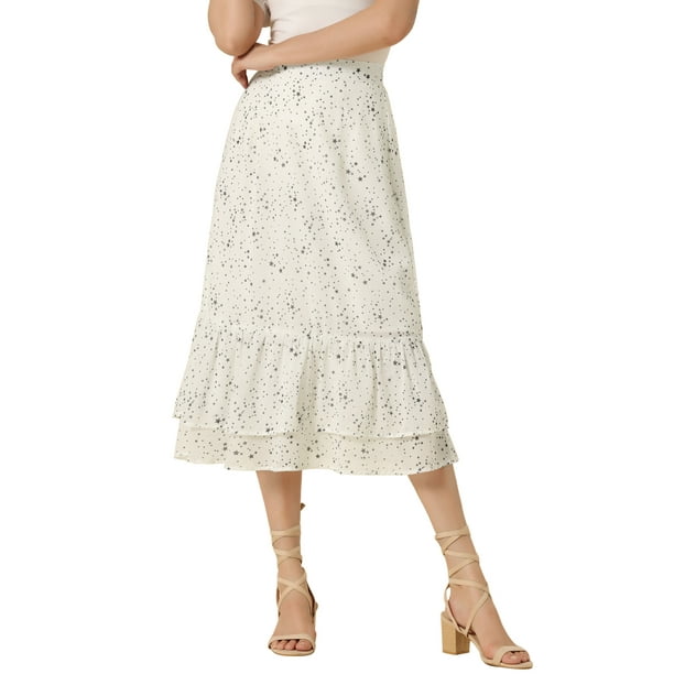Faldas de gasa para mujer Inspire Chic, con cintura elástica, volantes, en capas, florales y fluidas, midi, L, Estrella Blanca