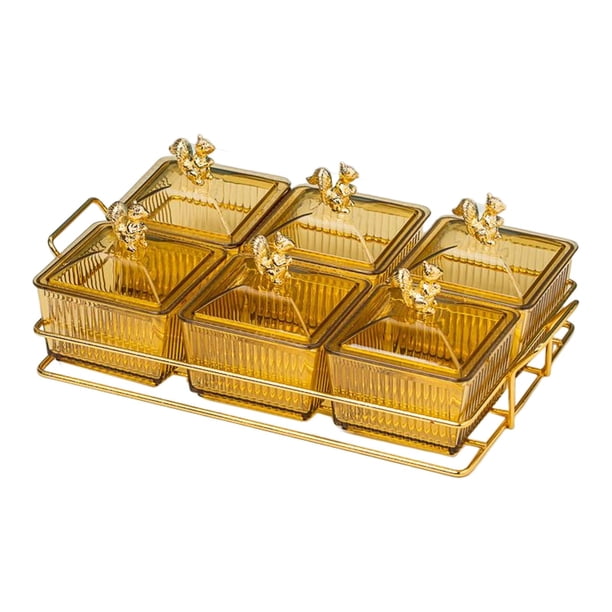 Plato para servir , 6 tazones con tapa, plato divisorio para postres, bandeja para frutas, plato para servir para cocina , tapas doradas Gloria Bandeja de condimentos