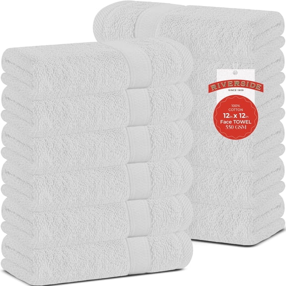 RIVERSIDE 12-Pack Cotton Face Towels 12x12 Ultra Soft & Absorbent Wash Cloths for Body and Face - White