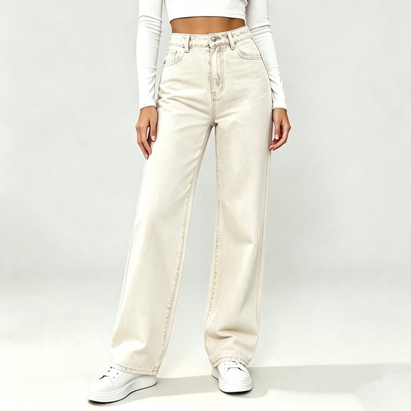 IUYRTFE Women High Waisted Wide Leg Denim Jeans Loose Fit Casual Straight Long Pants with Pockets for Daily Wear