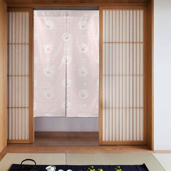DouZhe Doorway Drape Split Curtains, Cute Cat Pink Paws Footprint Room Divider Privacy Door Curtains, 34" x 56"