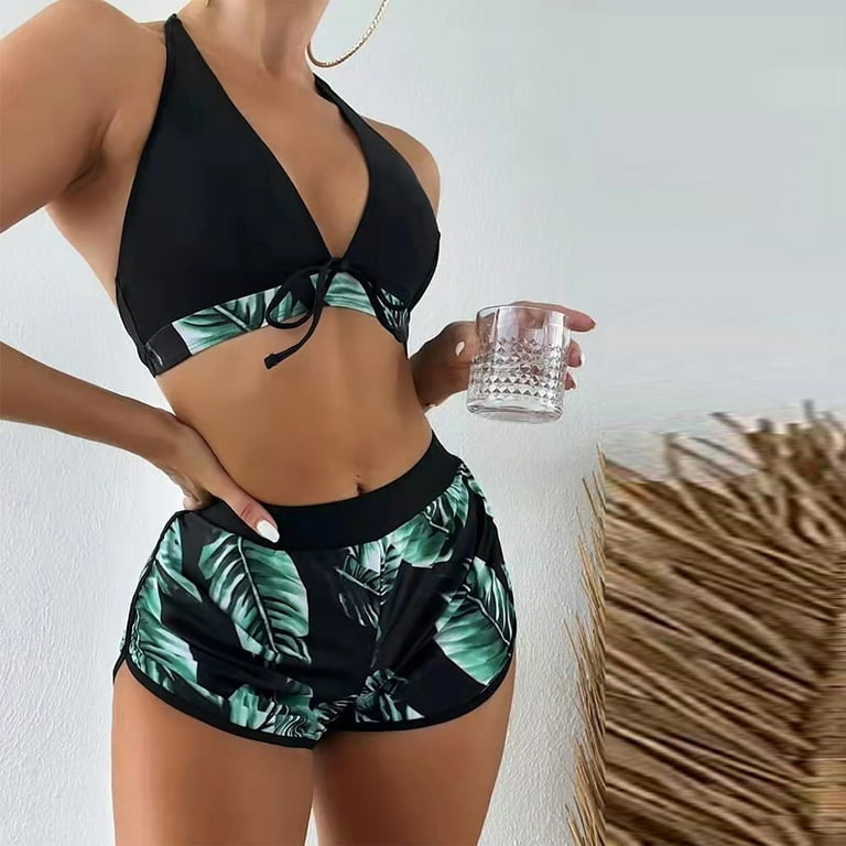 3 Piece Swimsuits for Women, Women's Bikini Sets Leaf Print Wrap Halter Top  with Shorts Bikini Set Clarence Items
