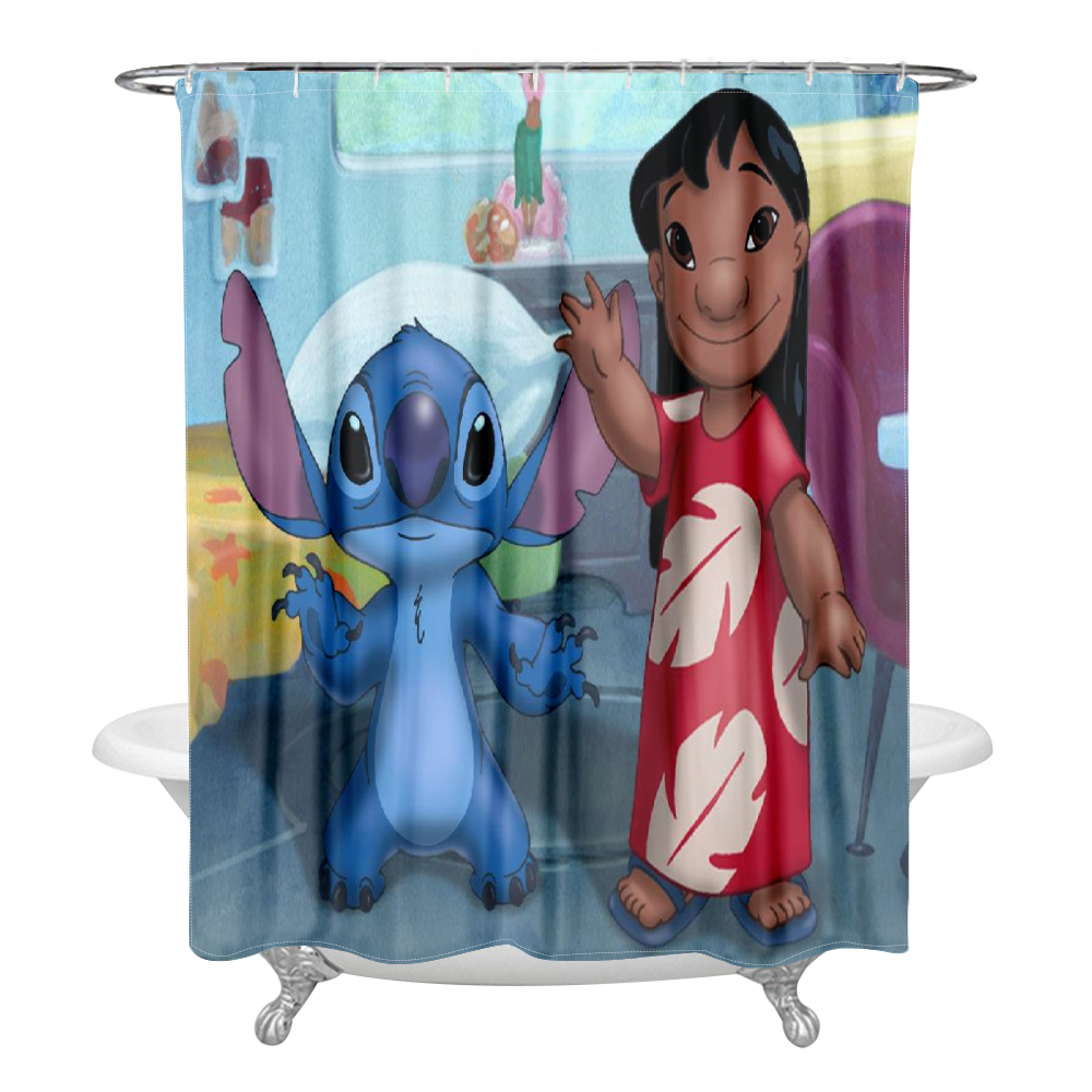 Stitch Print Shower Curtain Waterproof Fabrics with Hook Bathroom Bath