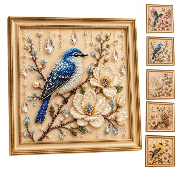 Mivyn Luxury Bird Pearl Art DIY Kit, Framed Elegant Bird and Flower Diamond Art Painting Kit, Pearl Diamond Art Supplies for Handmade Gift & Home Wall Decoration (Bluebird)