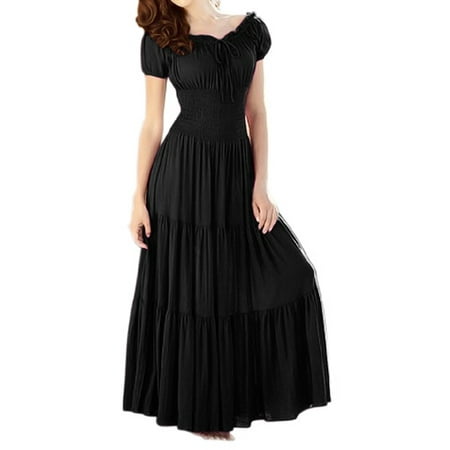 Gypsy Maxi - Peach Couture Gypsy Boho Cap Sleeves Smocked Waist Tiered Renaissance Maxi Dress (Black, XL)