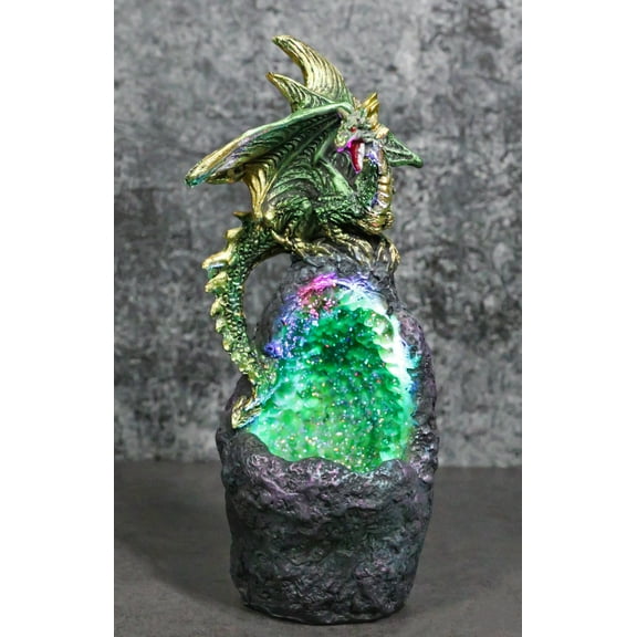 Metallic Green Gold Meteorite Dragon On Faux Geode Crystal Cavern Rock Figurine