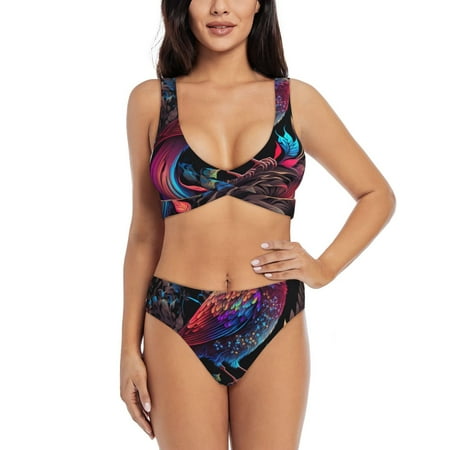 Zeuib Artistic Colorful Bird High Waisted Tummy Control Bikini Set - Knot Front Push Up Top & Cheeky Thong Bottom  Two-Piece Swimsuit for Women-Medium