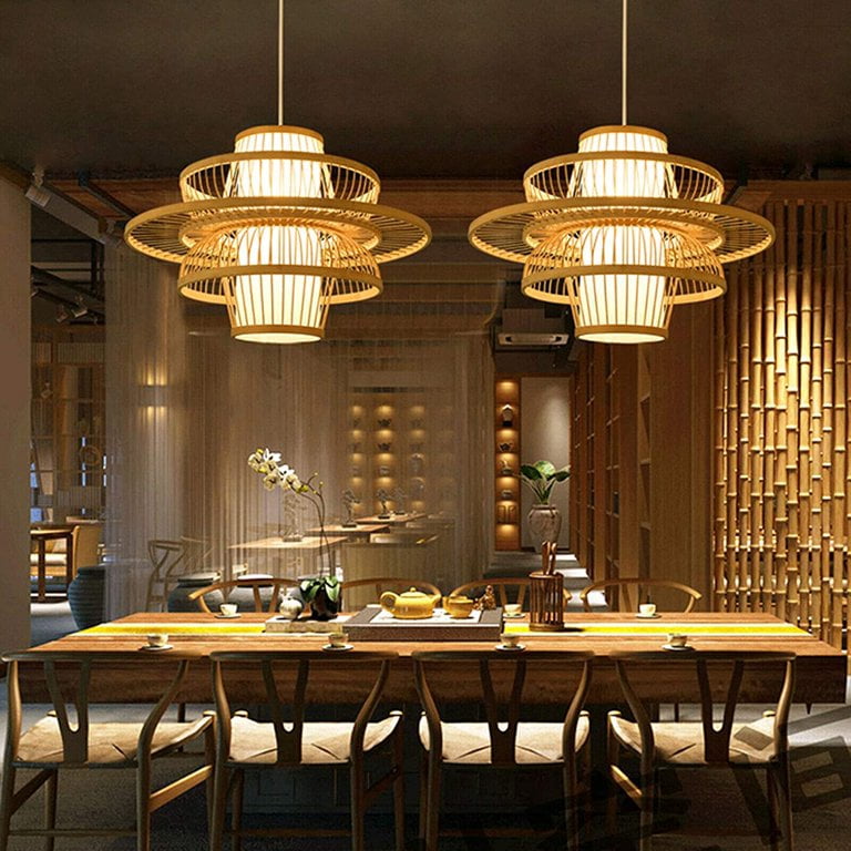 Arturesthome Vintage Bamboo Wicker Rattan Chandelier Lantern Pendant Light Hanging Ceiling Lamp Fixture